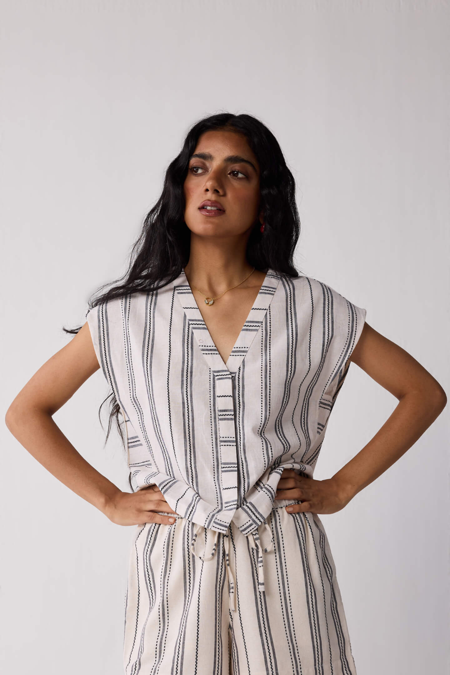 Relaxed V-neck Top in Stripes