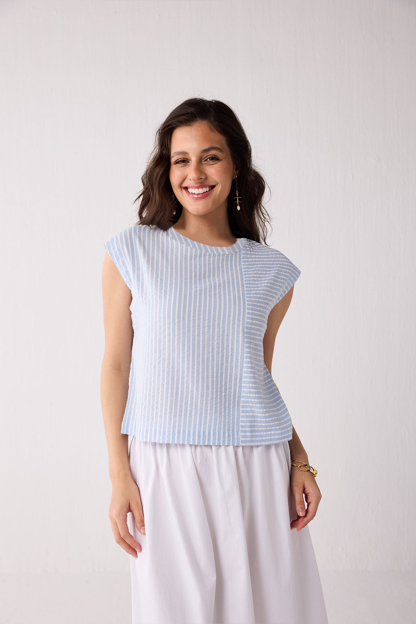 Button-Back Crew Neck Top in Blue Stripes