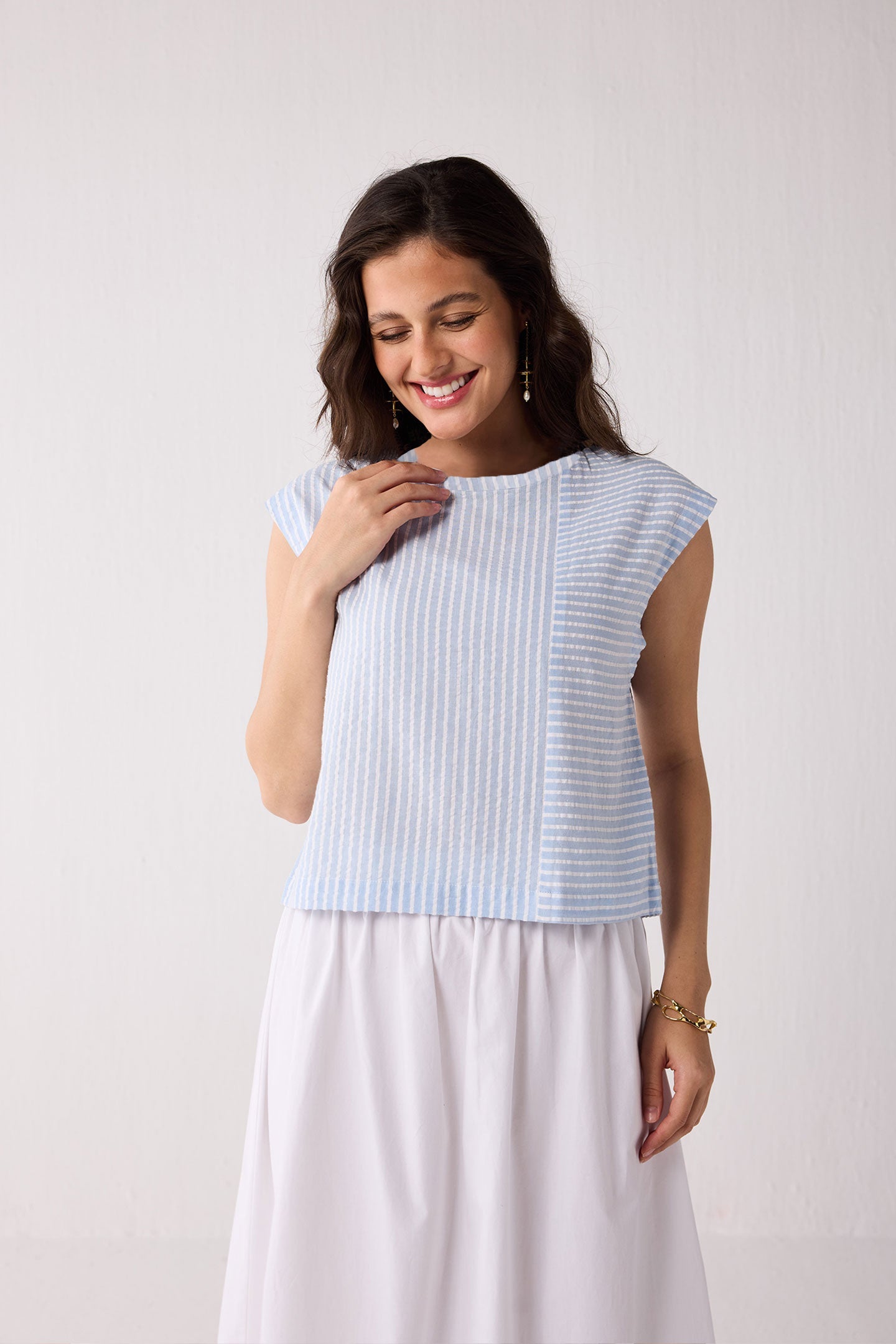 Button-Back Crew Neck Top in Blue Stripes