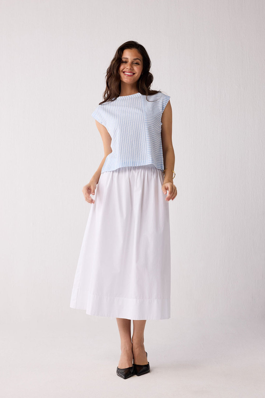 Button-Back Crew Neck Top in Blue Stripes
