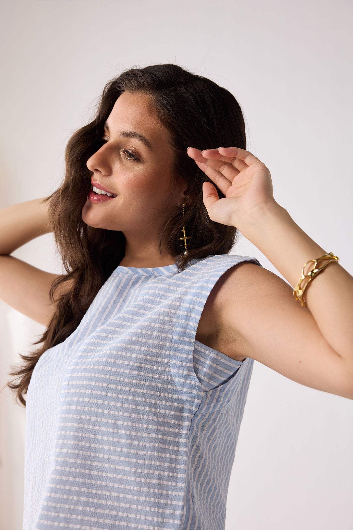 Button-Back Crew Neck Top in Blue Stripes